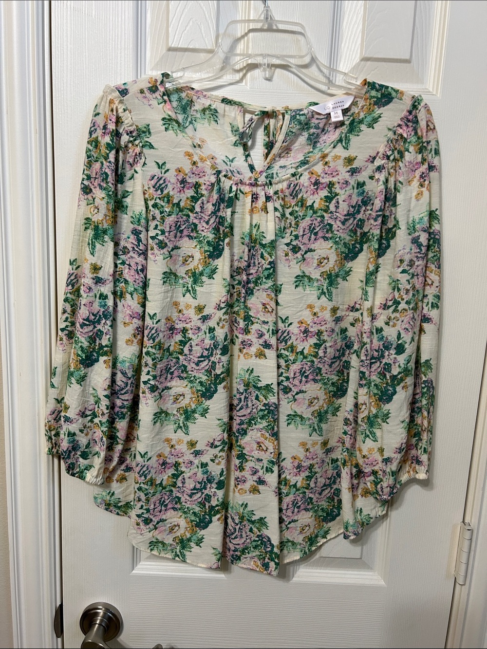 LC Lauren Conrad Cream Floral Tie-Neck Tunic with Green and Pink Print